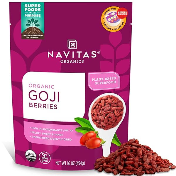 NAVITAS ORGANICS GOJI BERRIES – FOR SMOOTHIES, TRAIL MIX, BAKED GOODS, OATMEAL & MORE – VITAMIN A, ANTIOXIDANTS, FIBER – WOLFBERRY – USDA ORGANIC, NON GMO, GLUTEN FREE, VEGAN (16OZ. BAG, 15 SERVINGS)