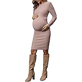 abkylie Side Ruch Knit Ribbed Maternity Bodycon Dress/Knee-Length Dress with Long Sleeve Fall Casual