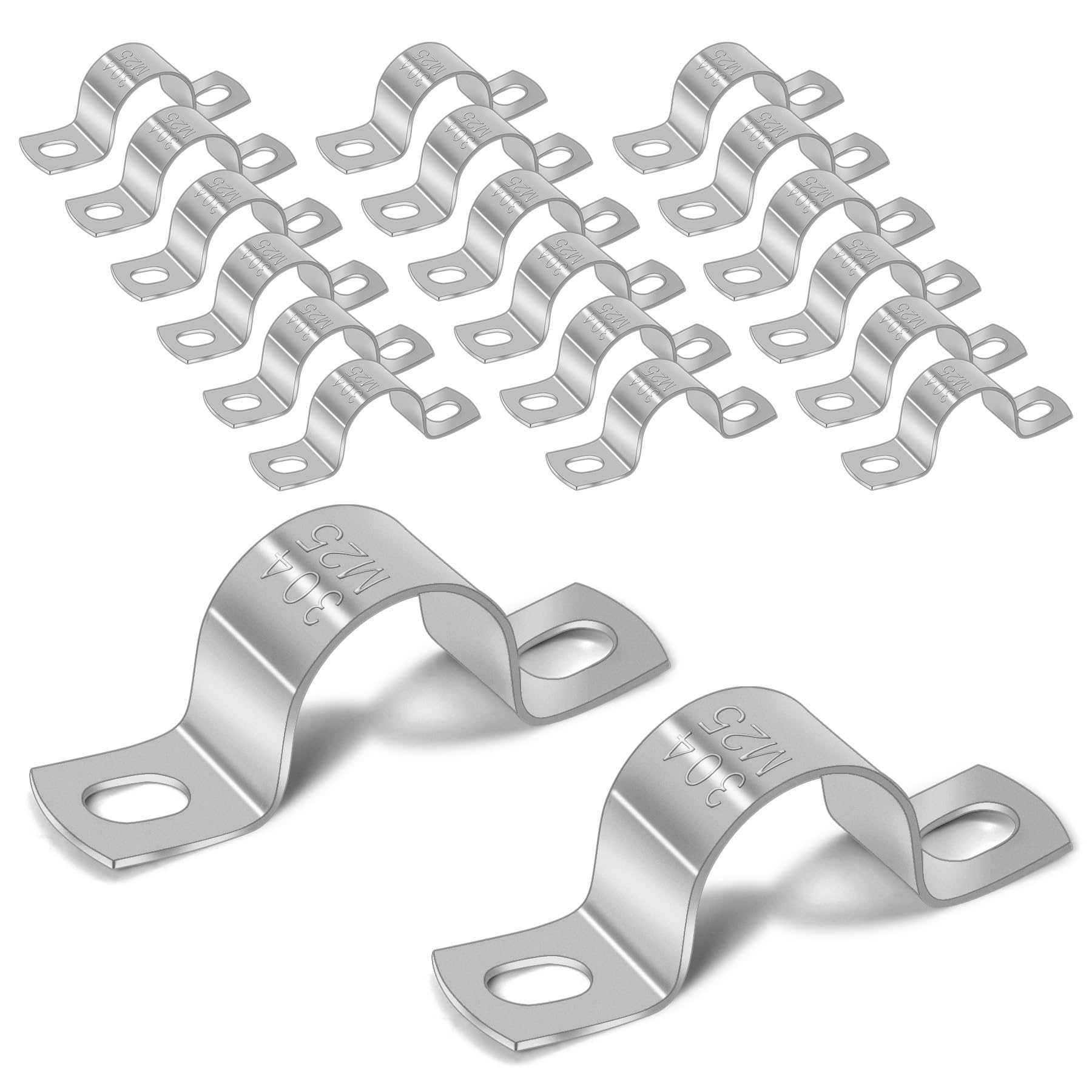 Heavy Duty Stainless Steel Pipe Strap Clamp - U Bracket With 2 Holes for Metal Straps, 25mm, Ideal for Hose Clips & Conduit Clips - Pack of 20