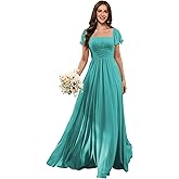 ZUMEIJIA Flutter Sleeves Bridesmaid Dresses Square Neck Chiffon Maxi Dress A Line Formal Dress with Pocket ZU022