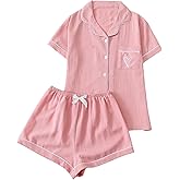Verdusa Women's 2 Piece Heart Pajama Set Cute Pjs Button Down Shirts with Lounge Shorts Pj Sets Heart Pink Large