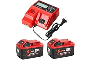 YONGERTOOL New Version 18V 9.0 Ah Battery and Charger Combo Kit Replace for Milwaukee m18V Lithium Ion Batteries 48-11-1862/1852/1840/1830(2)+ 18V Battery Charger 48-59-1812
