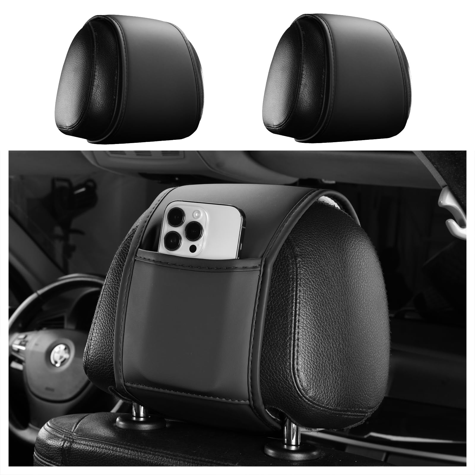 Photo 1 of 2PCS Leather Headrest Covers for Back Seat with Pocket, Multi-Functional Car Headrest Organizer for Phone, Key, Coin Storage, Universal Head Rest Cover Decoration (Black)