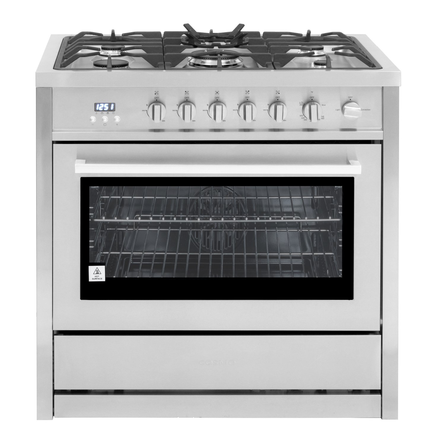 Cosmo COS-965AGC-PA 36 in. 3.8 cu. ft. Gas Range with Convection Oven and 5 Burner Cooktop with Heavy Duty Cast Iron Grates in Stainless Steel