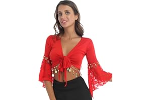 XUNZOO Women Glitter Bead Tassel Belly Dance Top Lace 3/4 Flared Sleeves Shawl Crop Tops Dancewear