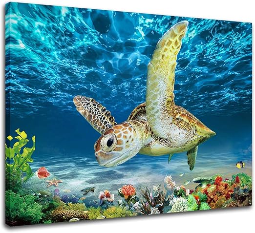 Amazon Com Ocean Sea Turtle Wall Art Turtle Canvas Artwork Poster Colorful Fish Coral Beach Theme Pictures Modern Landscape Seascape Bathroom Decor Prints For Home Kid Girls Room Framed Ready To Hang