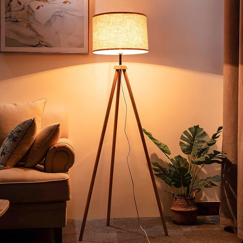 Lampadaire Trépied LED Dimmable, Ampoule E27 12W Fournie Lampe sur Pied en Bois avec Télécommande et Interrupteur à Pied, 3 Températures de Couleur Lampadaire Salon