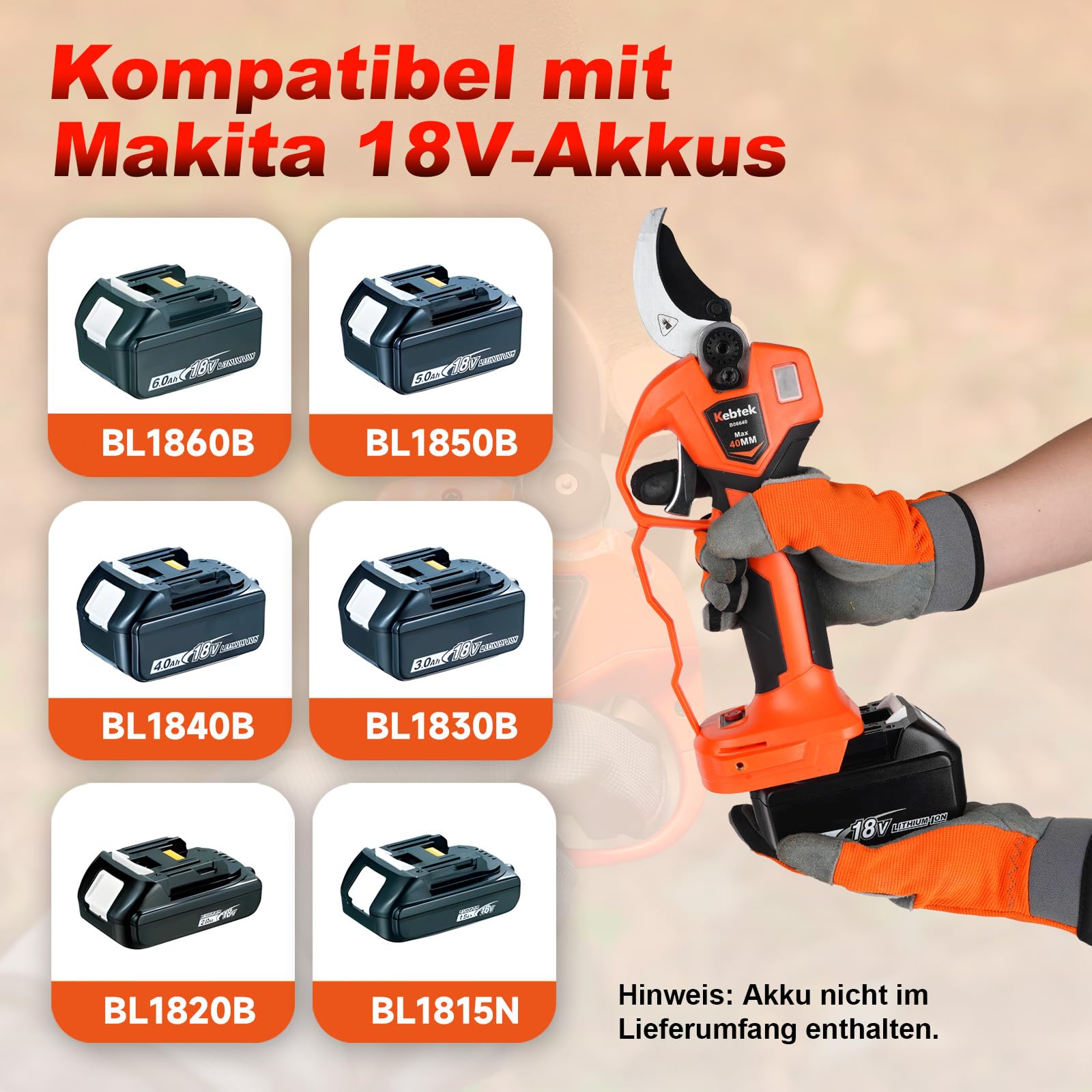 Kebtek B06640 Elektrische Gartenschere mit Akku progressive Schnittfunktion, Max 40mm profi kabellose astschere mit 4000mAh Akku, kompatibel mit Makita 18V Akkus, tragbares Gartengerät 9