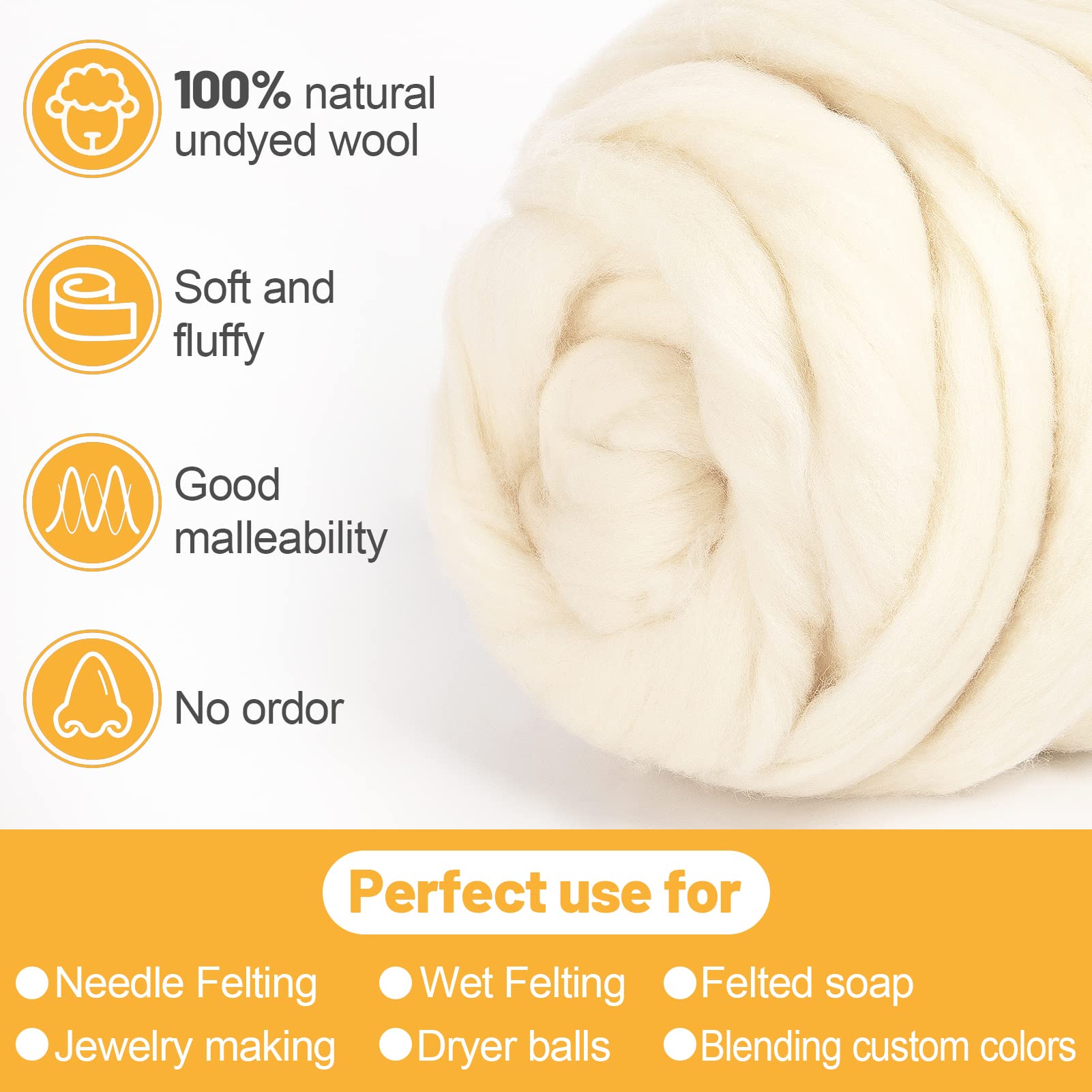 Natural Wool Roving - 8.8 oz Fibre Yarn Roving Needle Felting Wool Hand Spinning for Beginners - Beige