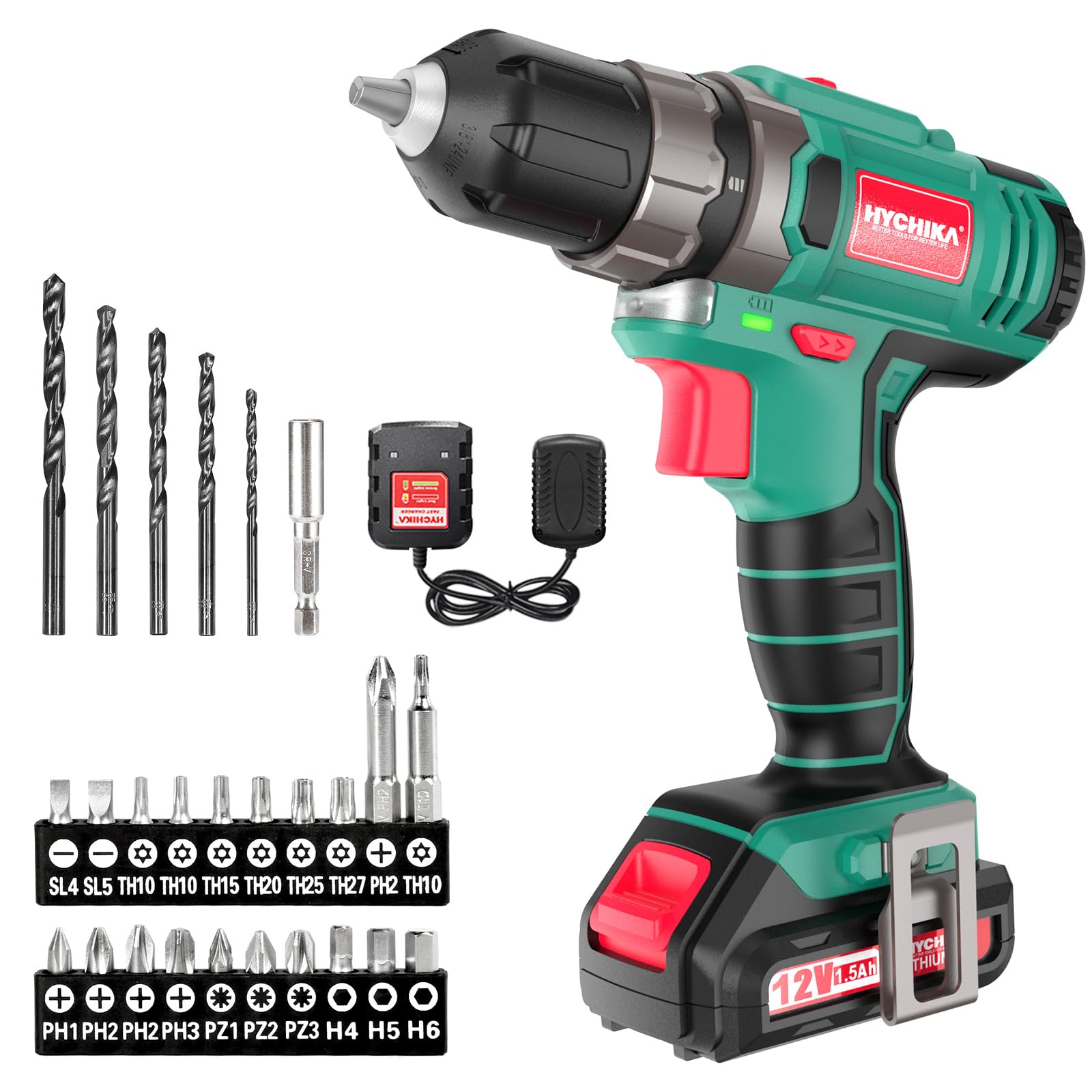 HYCHIKA Electric Screwdriver 12V, Cordless Drill 30N·m, 21+1 Torque Cordless Screwdriver, 2-Variable Speed LED Work Light, 1500mAh Li-Ion Battery 26Pcs Accessories for Home and Garden DIY Project