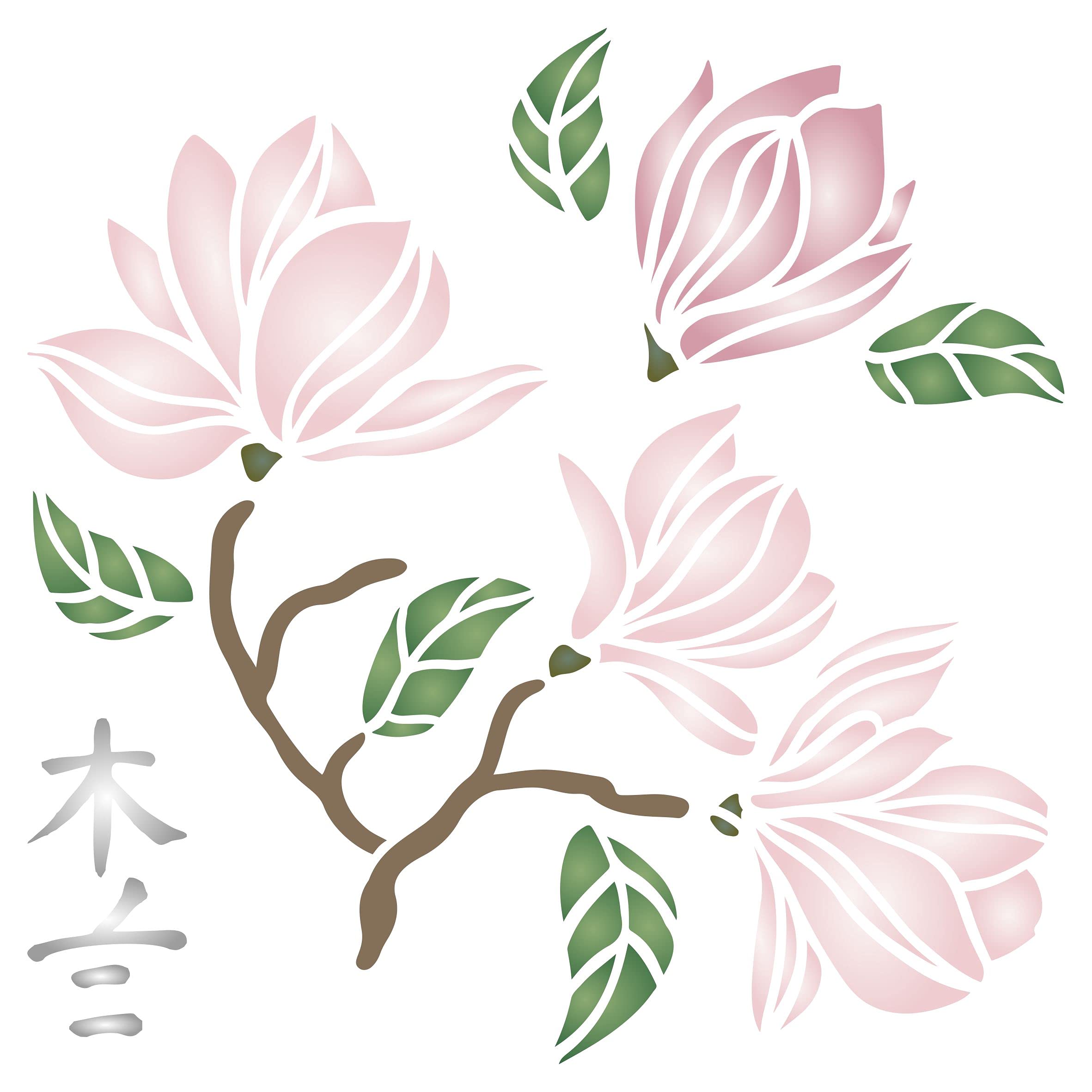 Magnolia Stencil, 16.5 x 16.5 cm (S) - Classic Flower Floral Ancient Tree Stencils for Painting Template