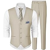 MAGE MALE Men's Linen 2 Piece Suit Slim Fit Wedding Groomsmen Summer Vest Pants Set with Pocket Square