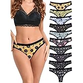 Dircho Women's Thongs 10 Pack, Allover Celestial Patterns with Lace Trim, Stretch Waistband, Soft Everyday Underwear