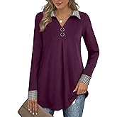 Bebonnie Womens Long Sleeve Casual Lapel V Neck Pullover Tunic Blouse Tops with Buttons
