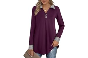 Bebonnie Womens Long Sleeve Casual Lapel V Neck Pullover Tunic Blouse Tops with Buttons
