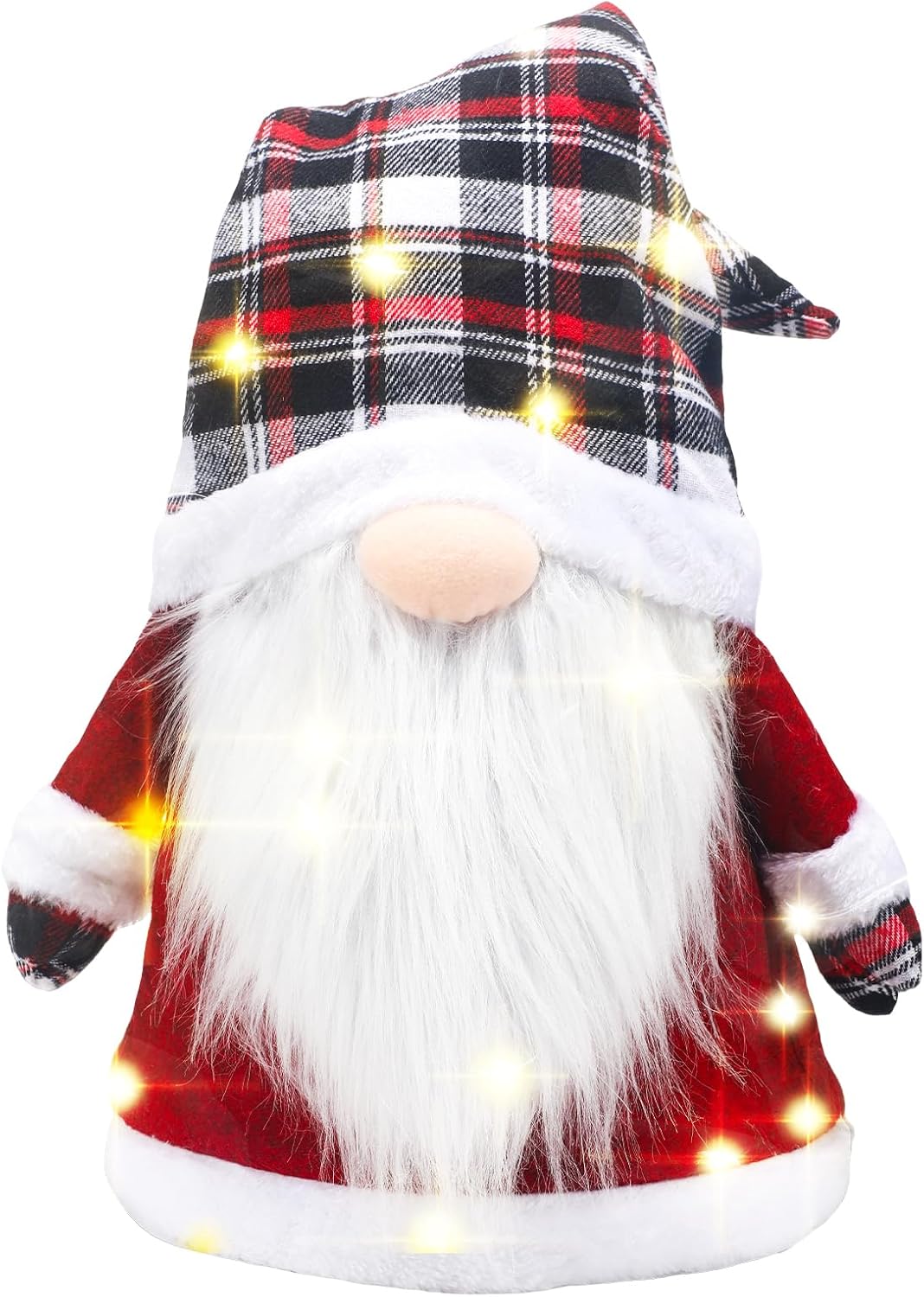 Tree Toppers - Lighted Christmas Tree Topper 25 Inch Large Buffalo Plaid Gnome Tree Topper with Lights Scandinavian Swedish Tomte Battery Operated Elf Christmas Decorations for Xmas Tree Home Decor (Black, White)