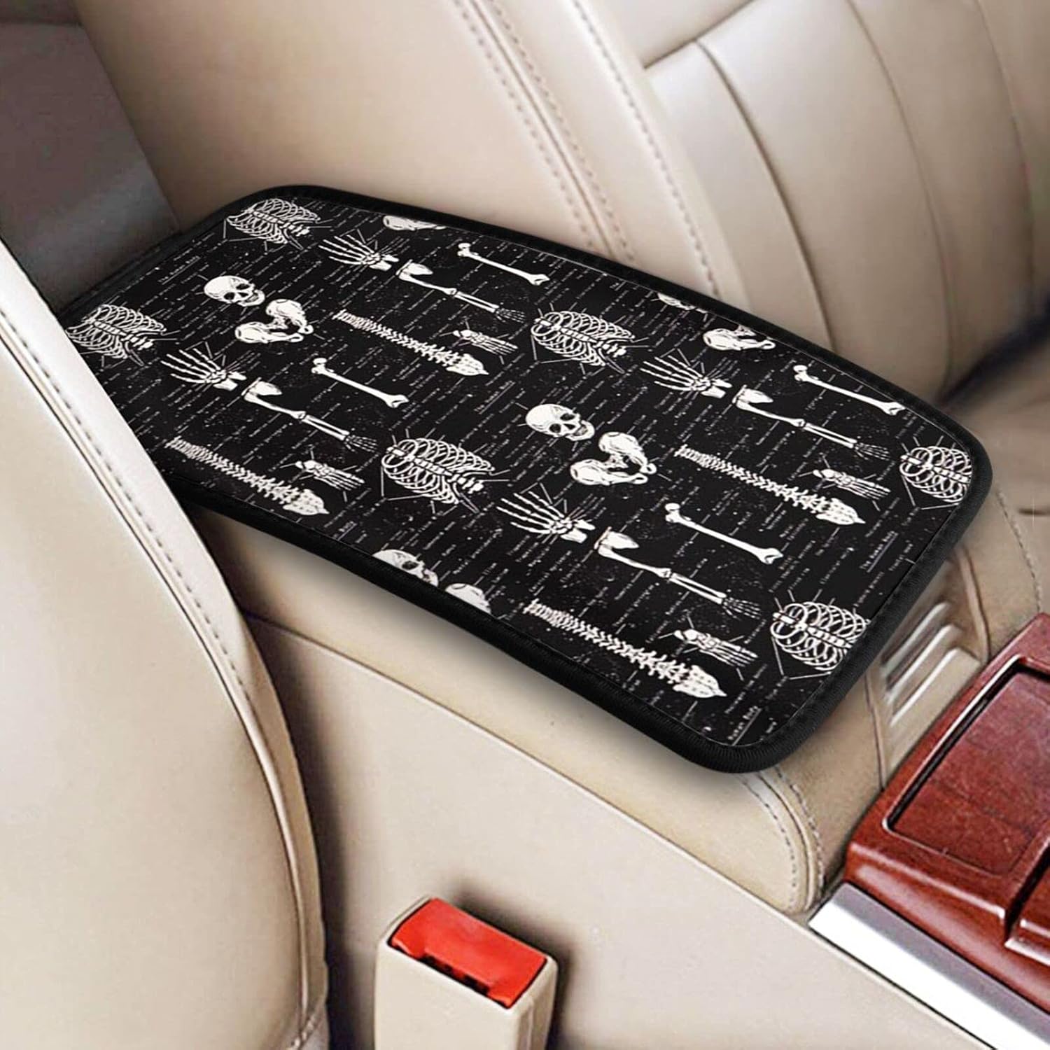 PEKIVIDE Auto Center Console Pad Black Glow in The Dark Skull Skeleton Car Armrest Seat Box Cover Protector Stylish Car Armrest Cover Universal Fit Car Decor Accessories Handrail Box Cushion Lid