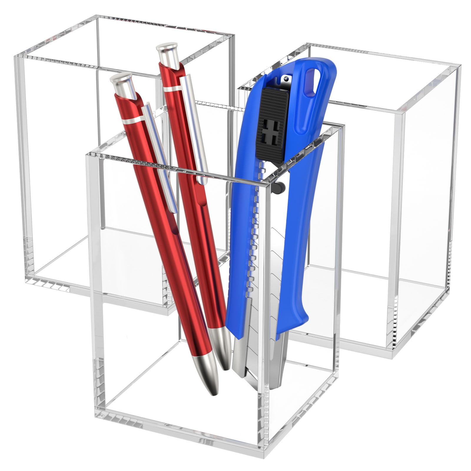 AITEE Acrylic Pen Pencil Holder: 3 Pack Clear Pen Pot Square Makeup Brush Holder Desktop Stationery Organizer for office school home