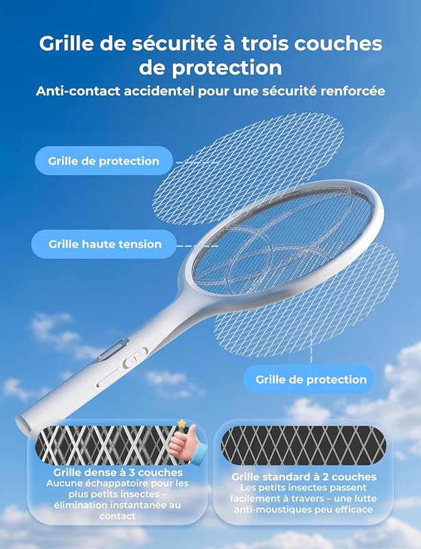 Raquette Electrique Insectes, Raquette Anti Moustiques Électrique 4000 V 1500 mAh Rechargeable avec Base Stable Contre Moustiques Mouches Insectes Volants, Blanc