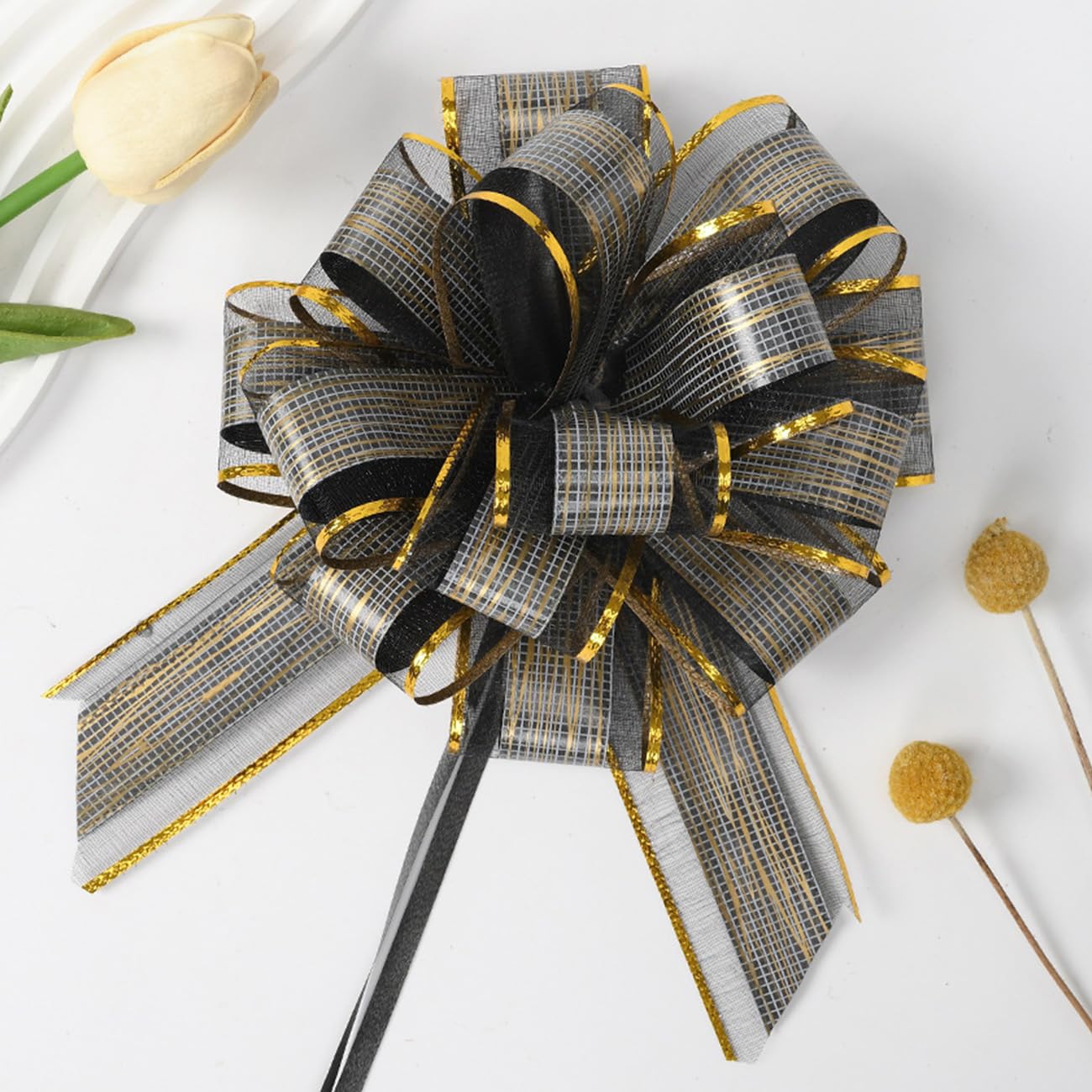 Ainmto 10Pcs Large Pull Bows(6 Inch),Black Organza Pull Bows for Gift Wrapping,Party Decorations,Wedding Cars,Baskets