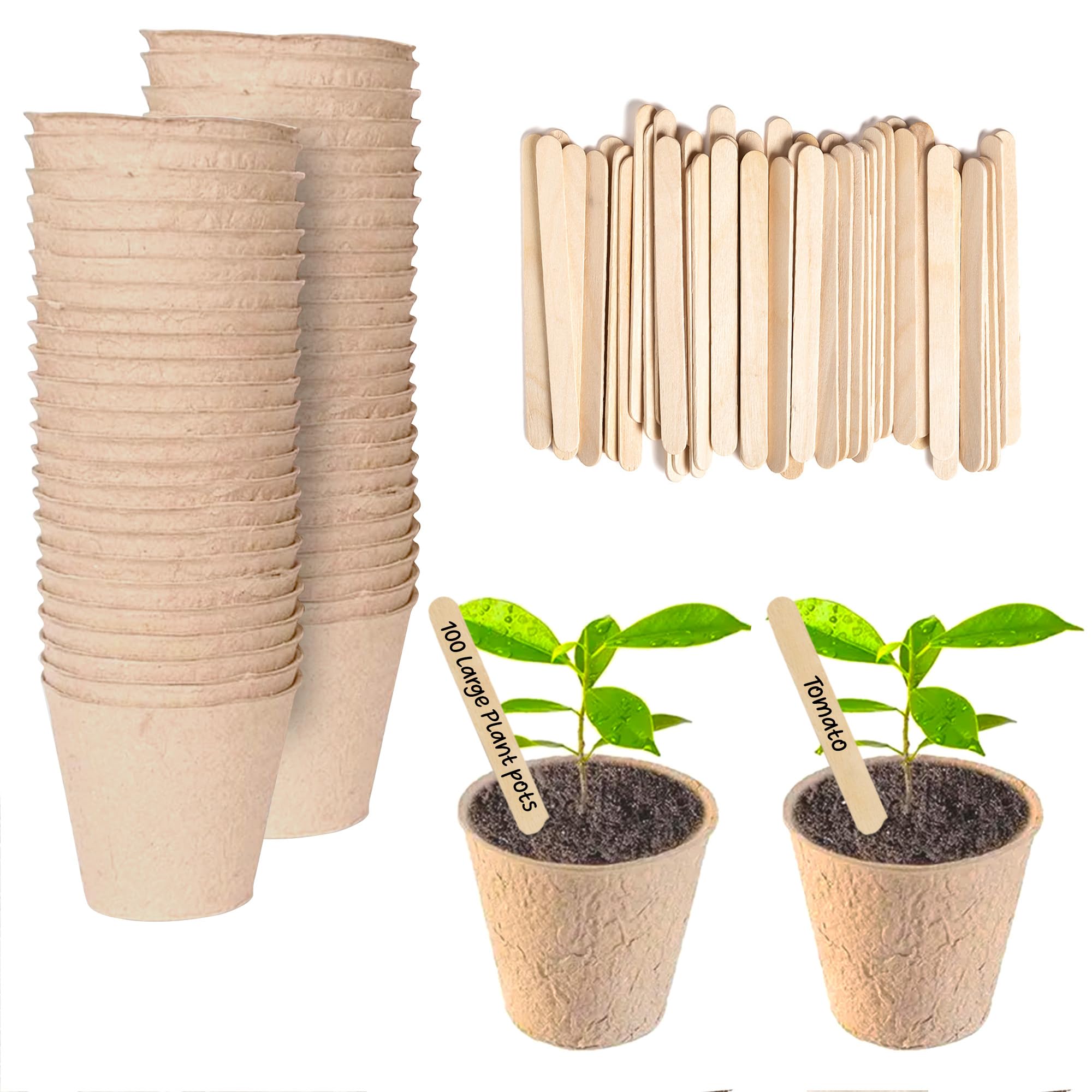 Green Thumbz Plant Pots - 100 Pack (8cm) Fibre Pots for Seedlings with Wooden Labels for Easy Transplanting - Large Plant Pots for Seedlings, Vegetables, Flowers and Herbs