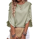 EVALESS 3/4 Length Sleeve Womens Tops Dressy Casual Blouses Crewneck Ruffle Sleeve Shirts Spring Outfits Business Work Tops