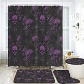 EENSYWEENSY Gothic Skull Bathroom Set, 4-Piece with Shower Curtain 71x71, Bath Mat, Contour Rug, Toilet Lid Cover, Purple Roses Skull Pattern(Purple 1)