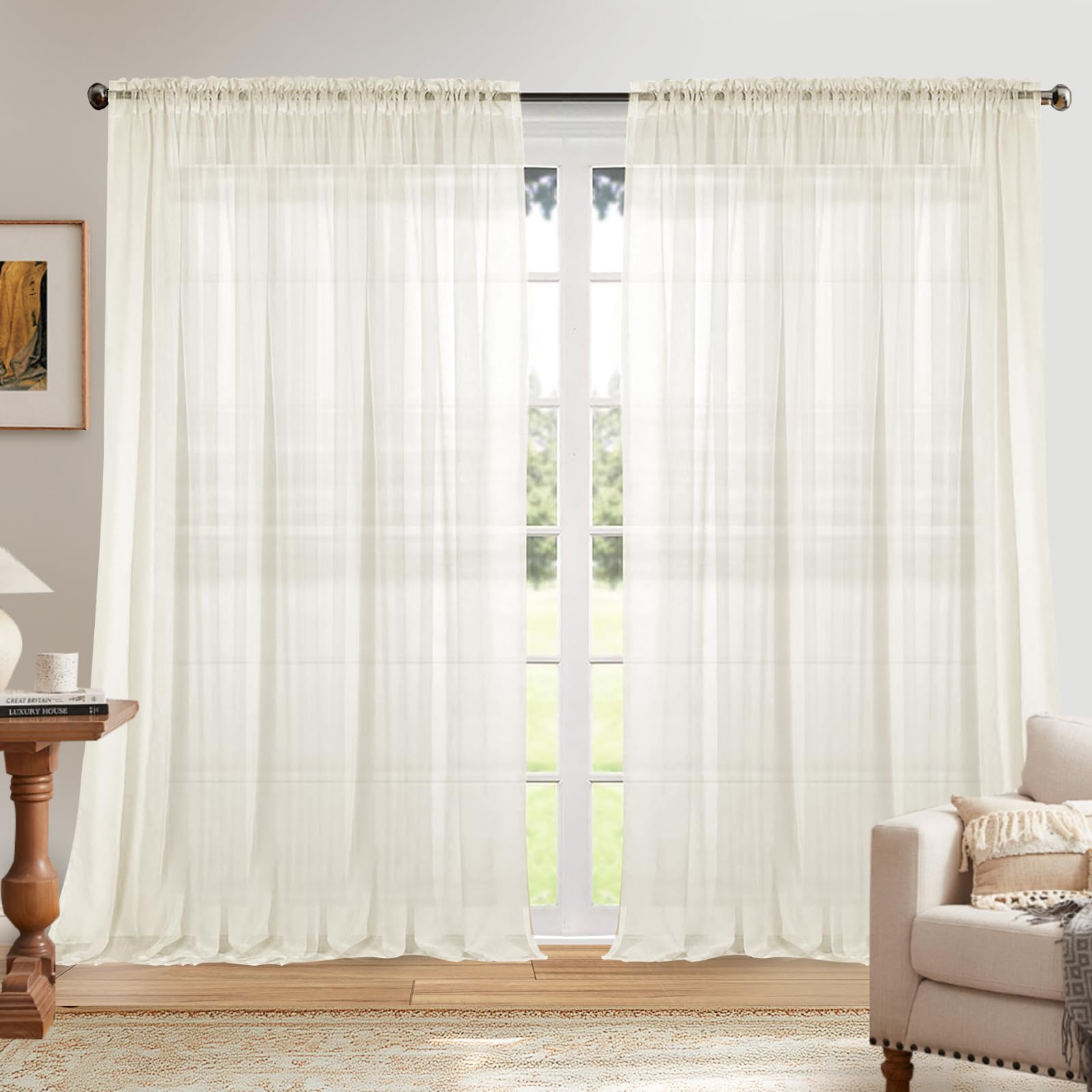 Photo 1 of Dreaming Casa Solid Sheer Curtains 102 Inches Long Ivory Rod Pocket Voile Draperies for Bedroom Living Room, 2 Panels, Each 100" W x 102" L