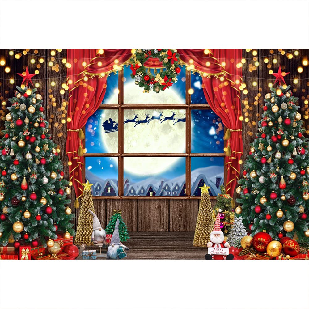 Aoihrraan 3x2m Christmas Windowsill Photography Backdrop Xmas Tree Red Curtain Santa Claus Reindeer Full Moon Winter Night Background New Year Festival Family Party Portrait Photo Studio Props
