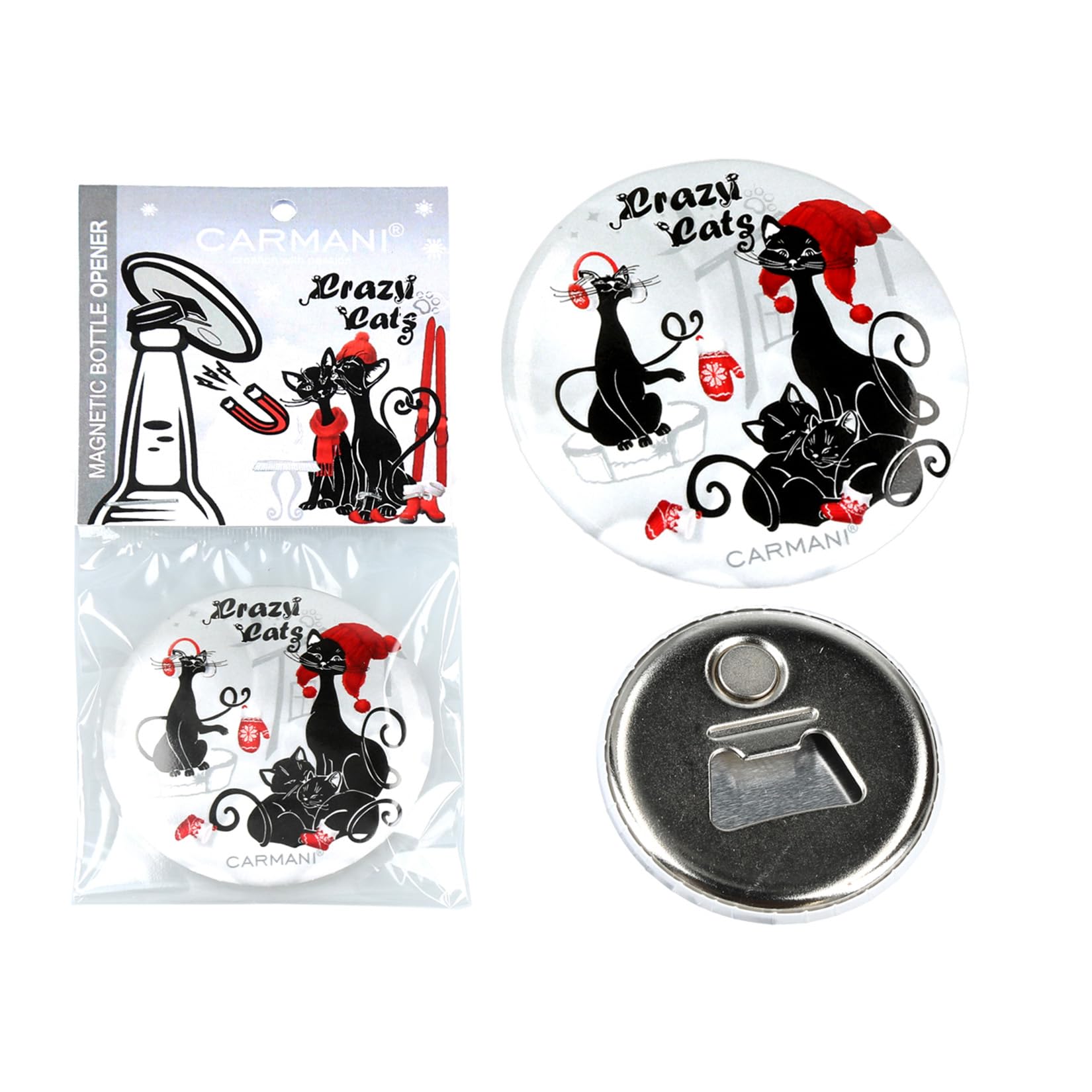 CARMANI - Magnetic Bottle Opener, Hand Held Bottle Opener for Beer, Beverage, Soda Opener Printed with Christmas Collection Crazy Cats Pattern