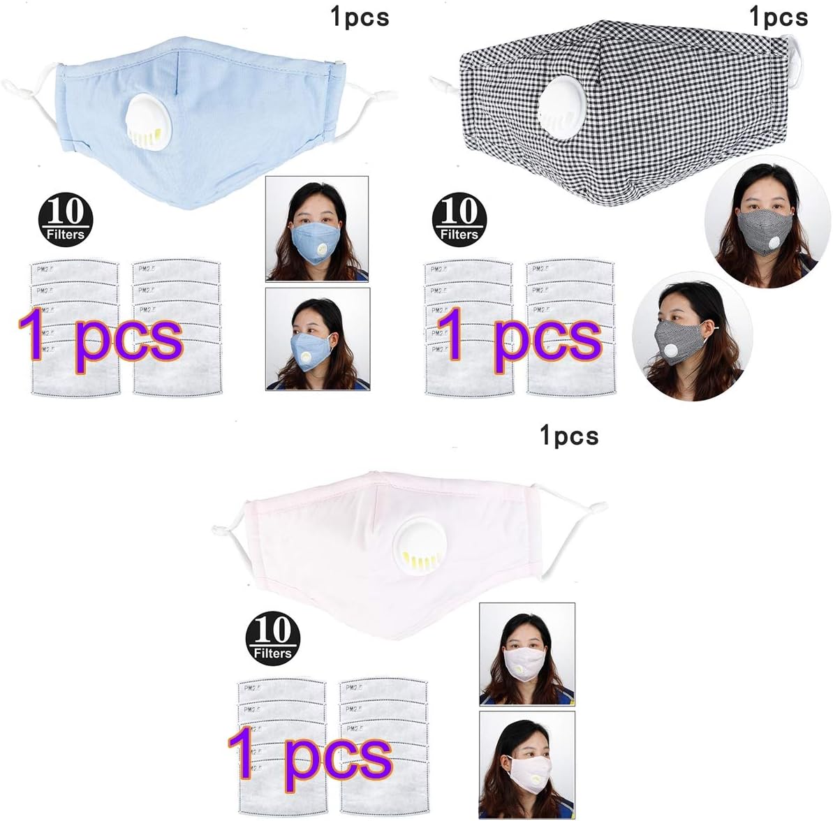 3PCS PM2.5 Mask, N95 Protection Masks with Respirator, Reusable Air Filter Mask, Anti Dust Mask Air Pollution Smoke Allergy Mask for Women and Men