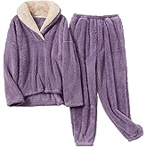 Fenclushy Women's Fluffy Loungewear Sleepwear Lounge Casual Pajamas Sets Loose Long Sleeve Fleece Pullover and Pants Set