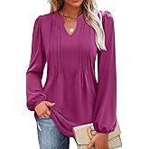 MIHOLL Women's V Neck Puff Long Sleeve T Shirts Pleated Casual Loose Tunic Blouse