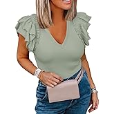 Womens Ruffle Tank Tops Summer Dressy Casual V Neck Slim Fit Ribbed Knit Sleeveless Shirts Green