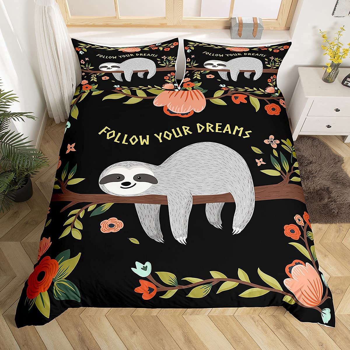 Loussiesd Sloth Duvet Cover Set for Kids Boys Girls Cartoon Sloth Print Bedding Set Lovely Animal Pattern Comforter Cover Floral Leaves Branches Bedspread Cover,Room Decor 2Pcs Bedding Single