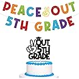 JKQ Colorful Glitter Peace Out 5th Grade Banner and Peace Out 5th Grade Cake Topper with Grad Cap 5th Grade Graduation Banner Boys Girls Class of 2025 Congrats Fifth Grade Grad Party Cake Decorations