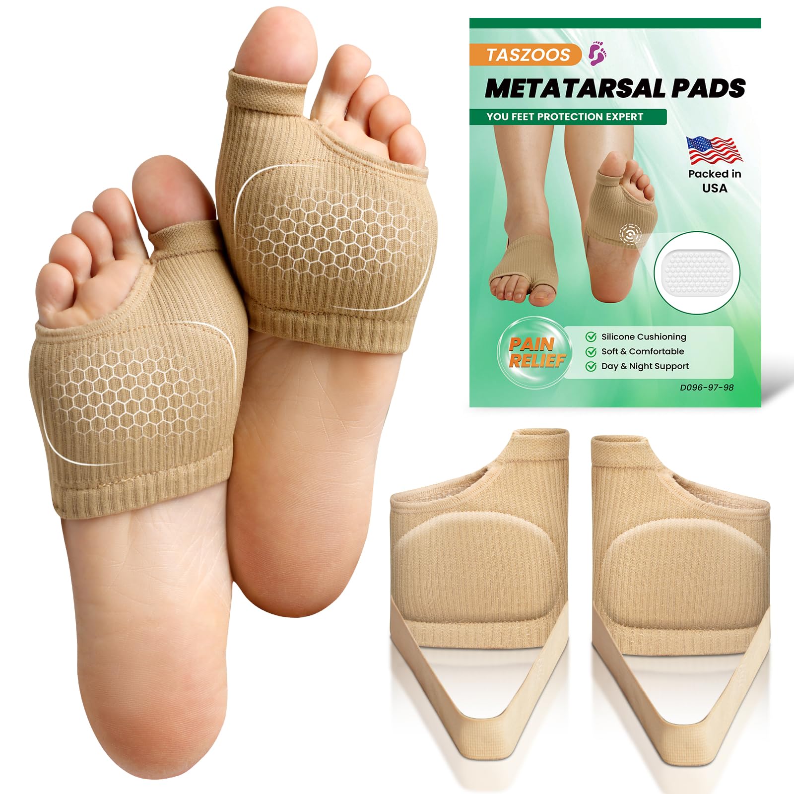 Photo 1 of TASZOOS Metatarsal Pads for Women & Men - Non-Slip Ball of Foot Cushion for Morton's Neuroma, Pain Relief, Metatarsalgia - Foot Pad for Walking, Standing, Running - 1 Pair (Medium)