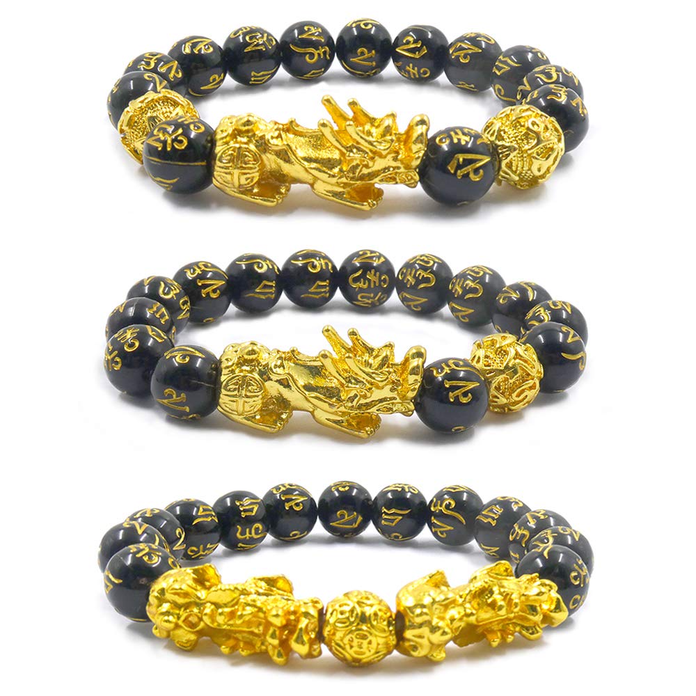 3Pcs Pi Xiu Bracelet, Feng Shui Black Obsidian Bracelets, with Gold Plated Chinese Sacred Beast Pi Xiu Attract Wealth and Good Luck, Adjustable Elastic Bead Bracelet for Men Women (112)
