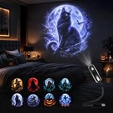 Halloween-themed projectors and ceiling lights create a festive atmosphere | Eight interchangeable patterns, including pumpkin head, ghost, castle, vampire, scarecrow, etc., USB powered ambient light.