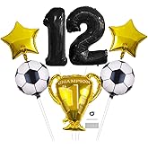 Soccer 12th Birthday Party Balloons Set - Black 32inch Number 12 balloon Championship Trophy Star Football Balloons for 12th Birthday anniversary Soccer Theme Party Decorations