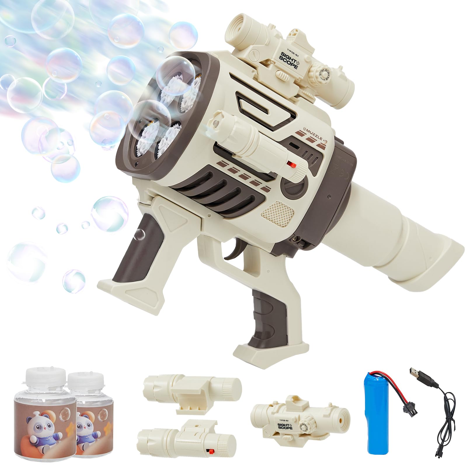 Bubble Gun for Kids: Fast-Fill No Dipping 4 Muzzles Rechargable Bubble Blaster Blower Gun for Boys Girls Bubble Toys Machine for Summer Fun Wedding Party Pistola de Burbujas para Niños(Brown)