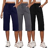 Neer 3 Pack Capri Pants for Women Cotton High Waisted Wide Leg Cropped Trousers Drawstring Ruffled Palazzo with Pockets