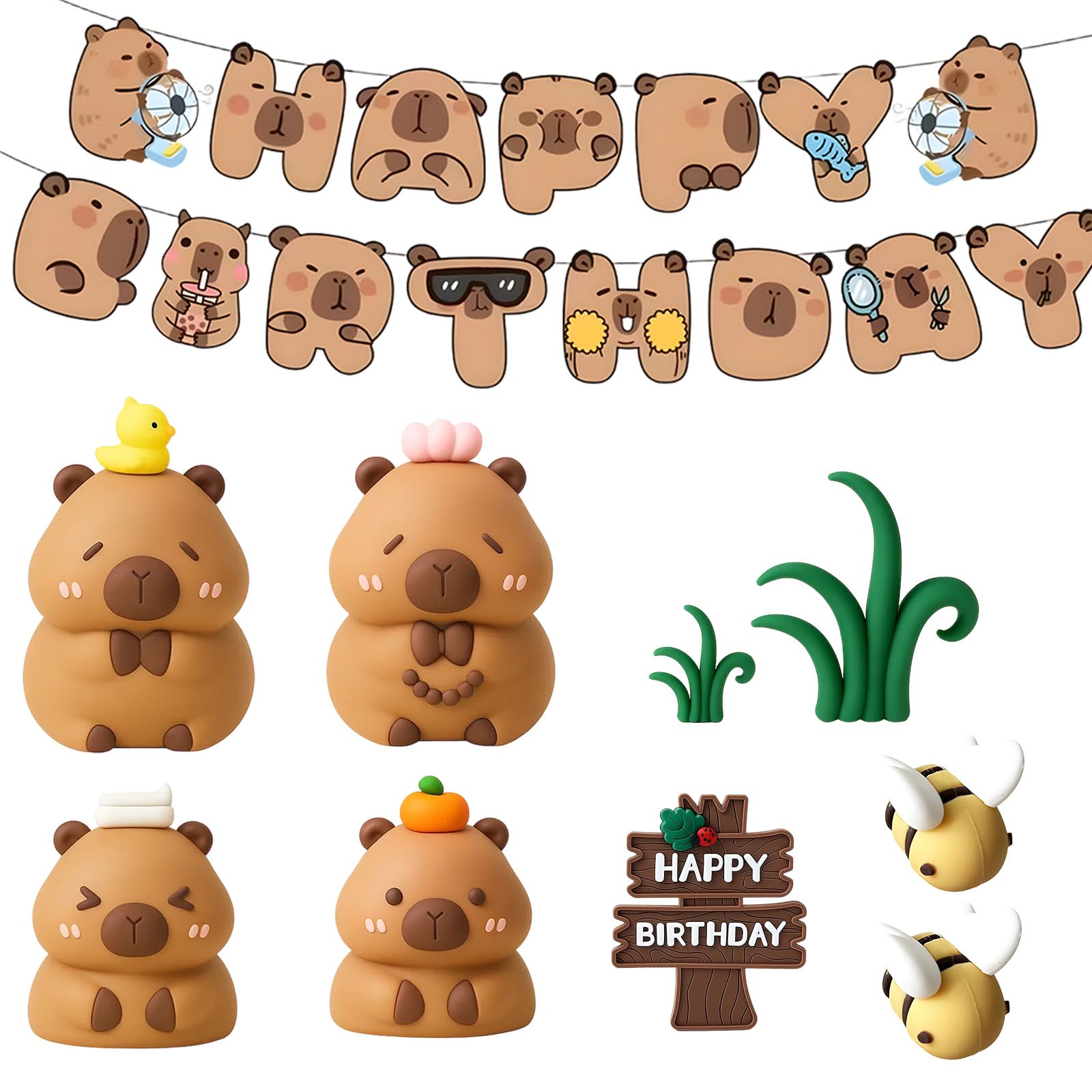 Capybara Birthday Decorations, 10 Pcs Capybara Cake Topper and 1 Pc Birthday Banner, Cake Decorations for Adorable Animal Cakes Themed Birthday Parties Showers Party Favors