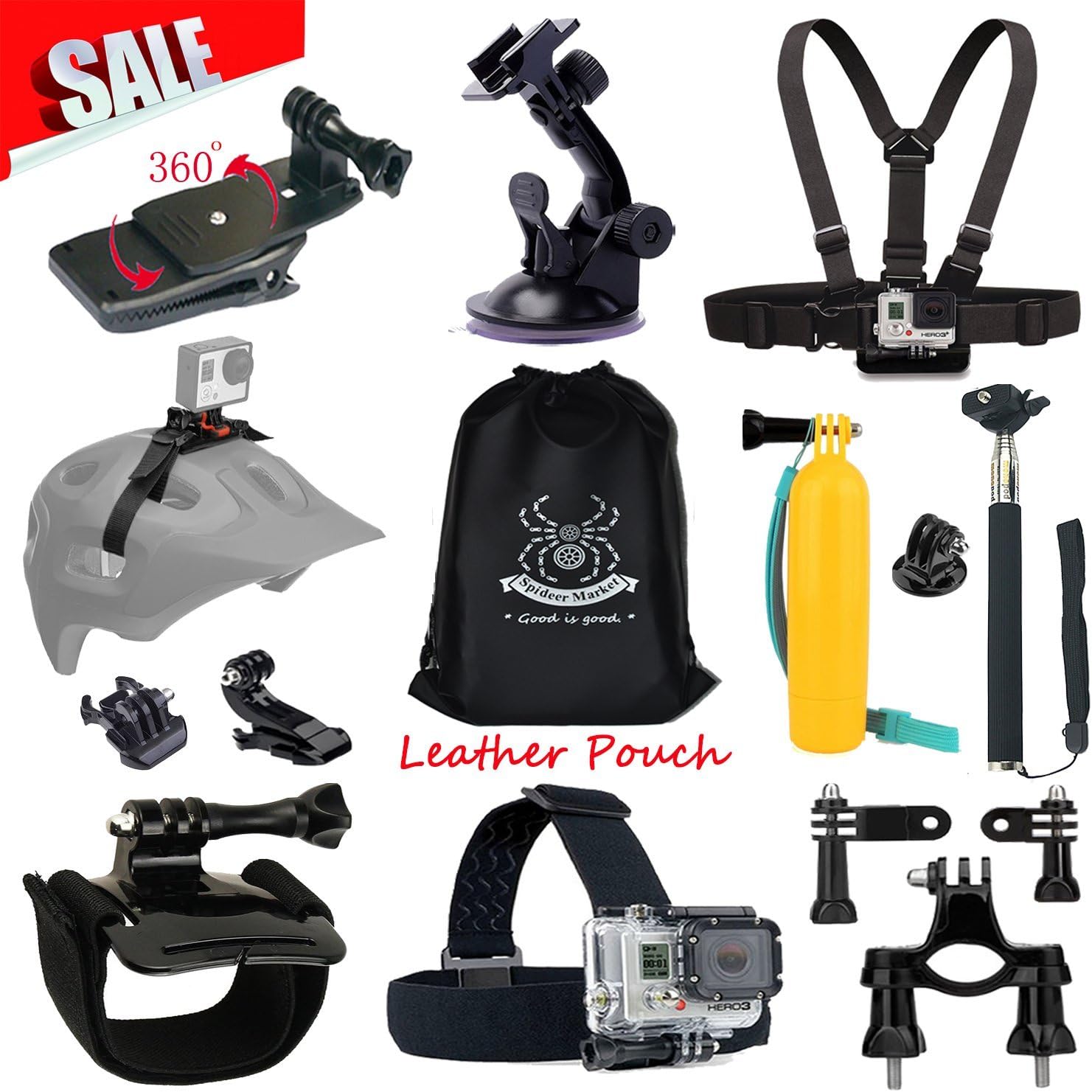 Spideer 16 in 1 Accessories KIT Set for Gopro Hero 4 Hero 3+ Hero 3 Hero 2 & Gopro Hero Camera for Outdoor Sports Kit Parachuting Swimming Rowing Surfing Skiing Climbing Running Bike Riding Camping Diving
