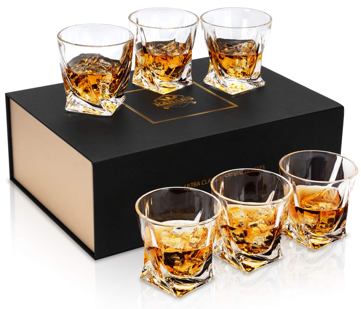 KANARS Whiskey Glasses Set, No-Lead Crystal Whisky Glass 300 ml for Cognac, Martini, Bourbon, Cocktail, Tequila, 6-Piece, Unique Stylish Gift Box