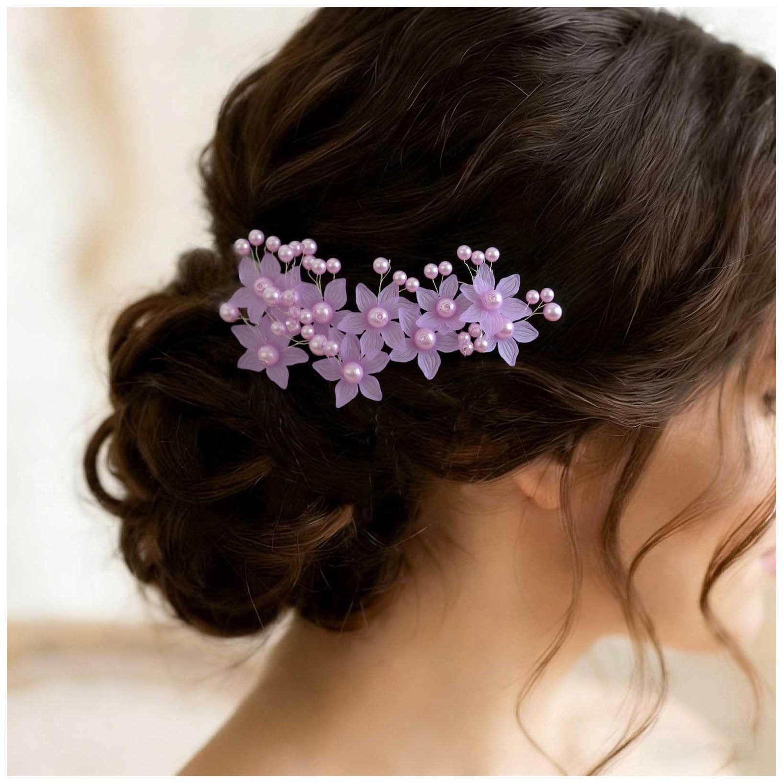 Aneneiceera Pearl Bride Wedding Hair Pins Purple Bead Hair Piece Bridal Flower Headpieces bridesmaid Hair Accessories for Women and Girls (Pack of 3)(Purple)