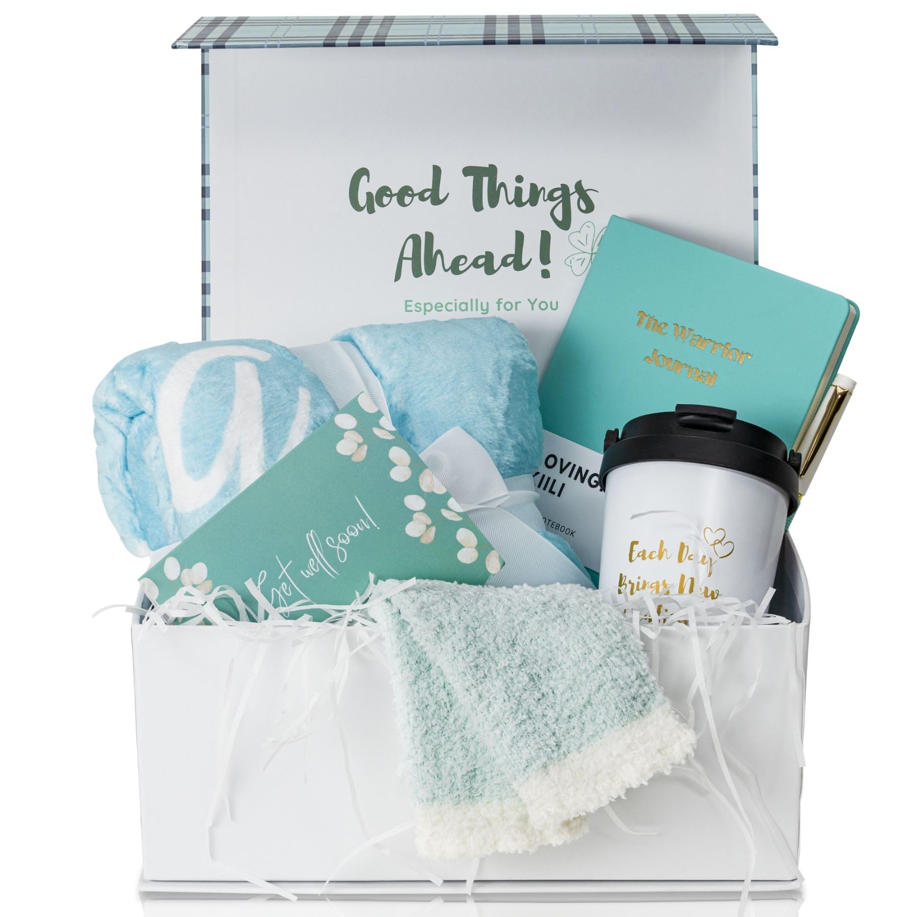 Photo 1 of Loving Hue Chemo Care Package, Cancer Care Gifts for Women with Blanket, Socks, Journal, Tumbler (Turquoise)