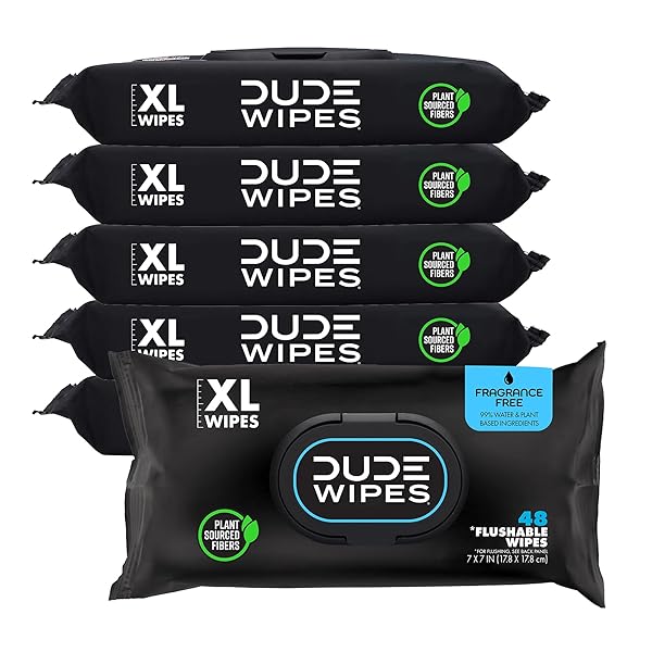 DUDE WIPES – FLUSHABLE WIPES – 6 PACK, 288 WIPES – UNSCENTED EXTRA-LARGE ADULT WET WIPES – VITAMIN-E & ALOE – SEPTIC AND SEWER SAFE