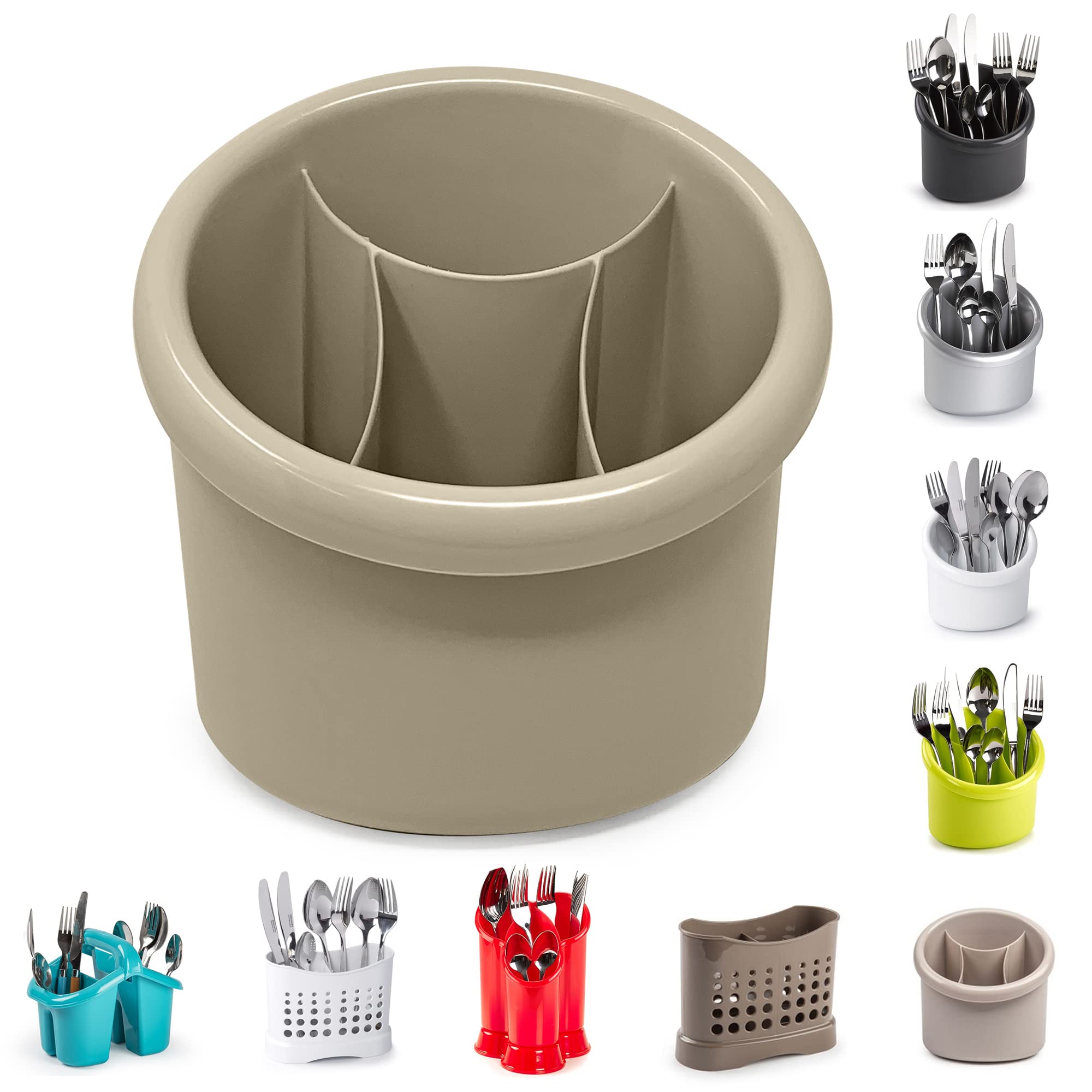 4 Compartment Cutlery Drainer Caddy | High Grade Plastic Utensil Holder for Kitchen | Cleaning Tools Organizer for Home & Kitchen (Taupe - D3)