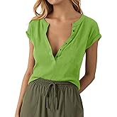 Tankaneo Women Deep V Neck Low Cut Tops Casual Ribbed Knit Henley T-Shirts Summer Short Sleeve Tees